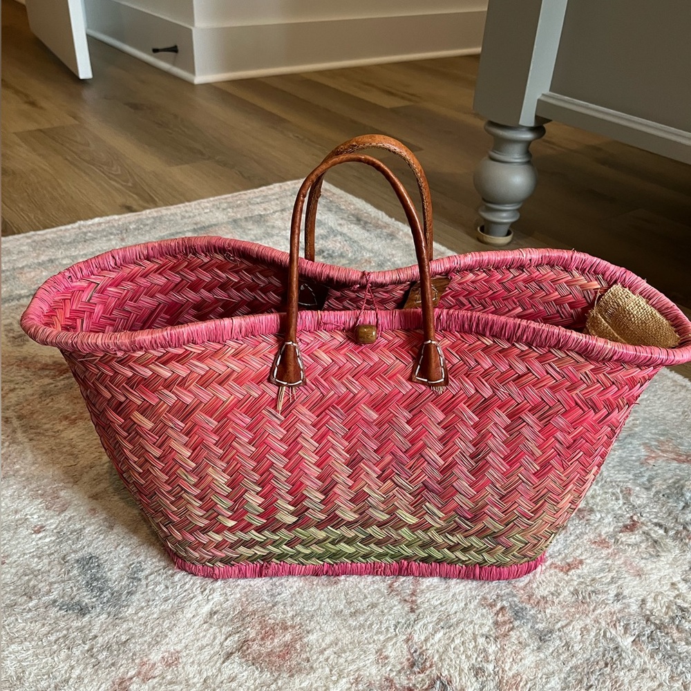 Pink and Green Onigo Imports Tote Bag with Leather Handles